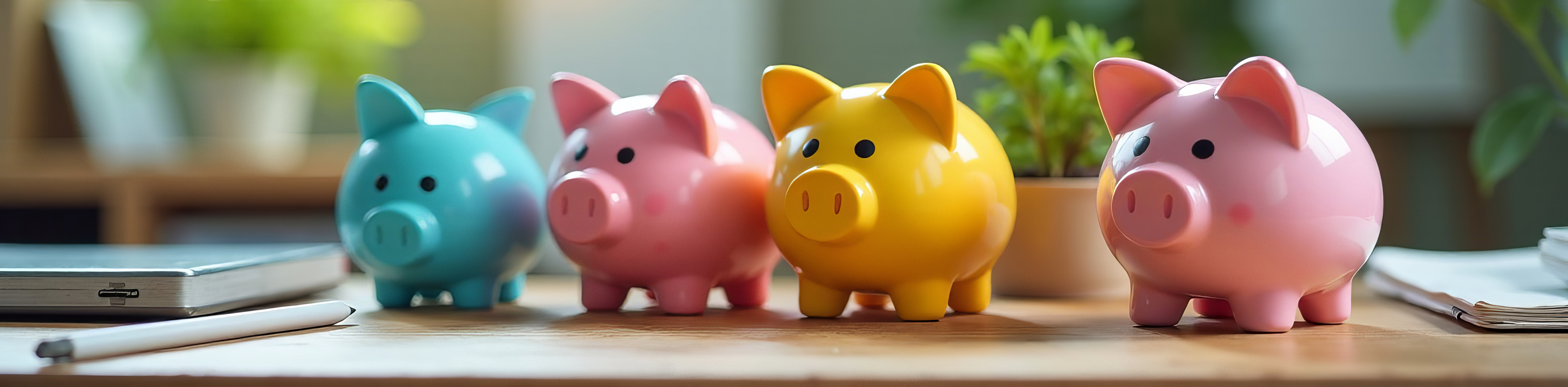 4 bunte Sparschweine auf einer Schreibtischoberfläche