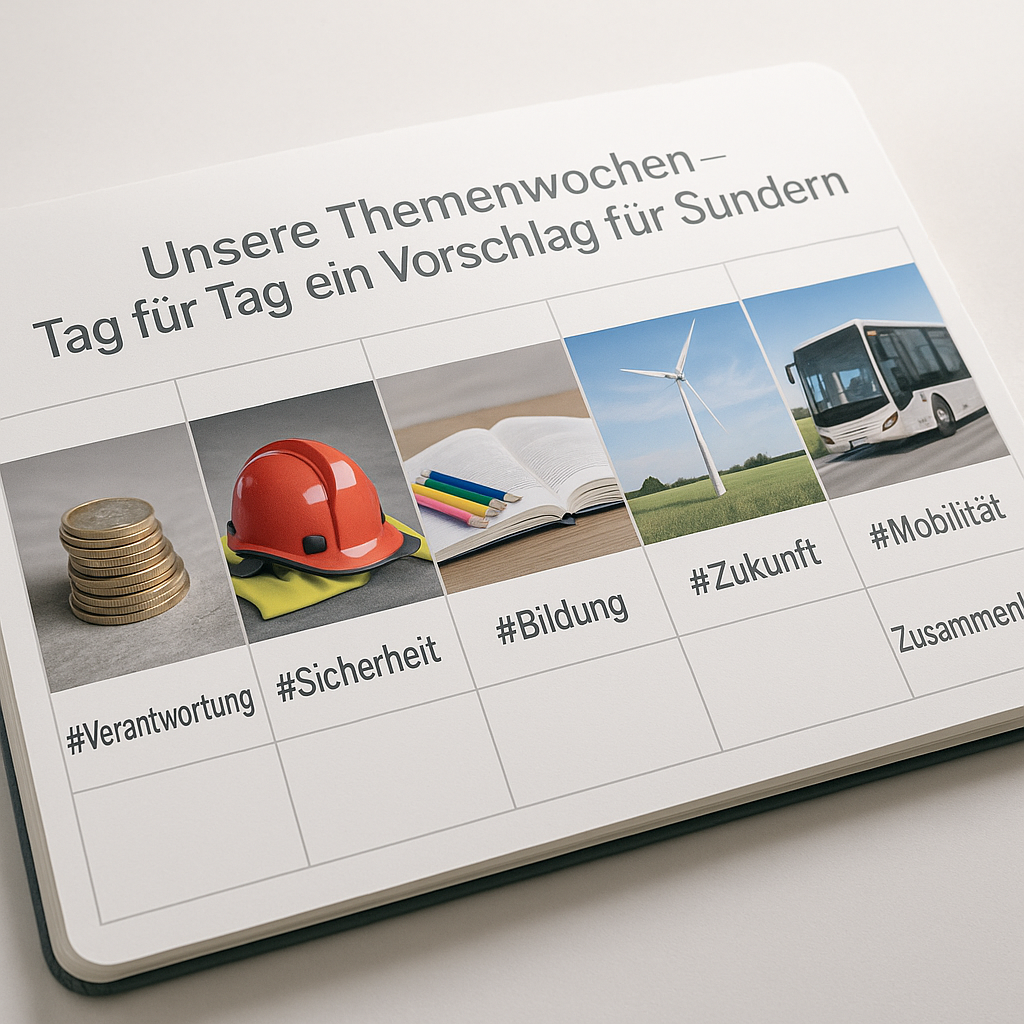 Wochenplaner mit sieben Themenfeldern: Symbole für Haushalt, Sicherheit, Kita, Bildung, Energie, Mobilität und Zusammenhalt, darüber der Titel 'Unsere Themenwochen – Tag für Tag ein Vorschlag für Sundern'
