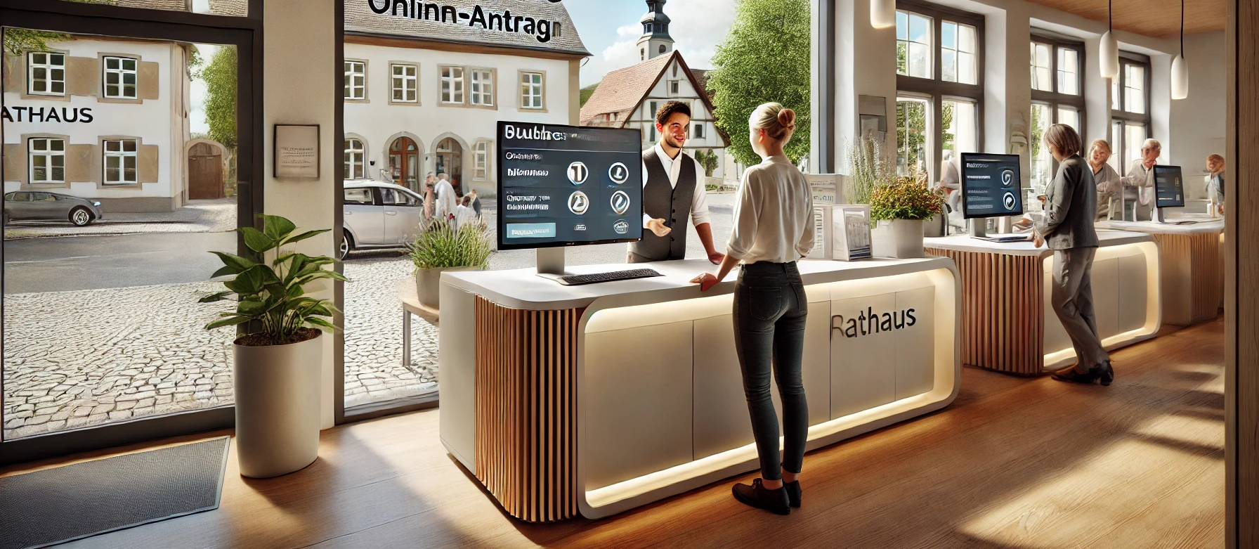 Freundlicher Empfangsbereich eines modernen Rathauses: Eine Bürgerin wird von einem Verwaltungsmitarbeiter an einem digitalen Terminal beraten. Im Hintergrund fällt Tageslicht durch große Fenster mit Blick auf den Marktplatz.