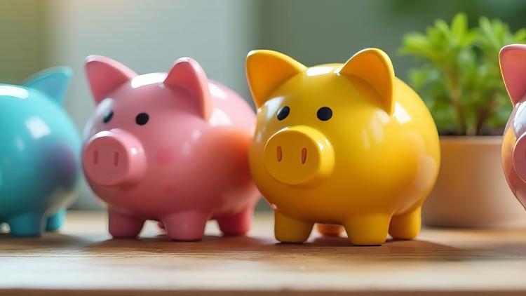 4 bunte Sparschweine auf einer Schreibtischoberfläche