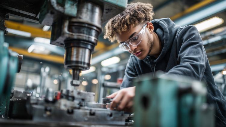 Ein junger Mann arbeitet an einer Maschine, die Metall bearbeitet.