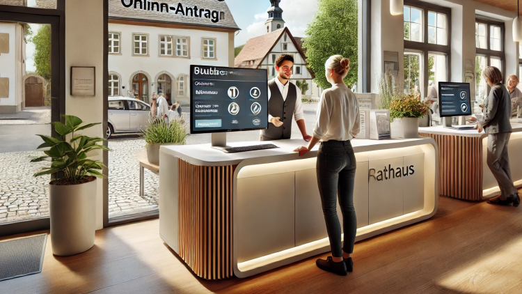 Freundlicher Empfangsbereich eines modernen Rathauses: Eine Bürgerin wird von einem Verwaltungsmitarbeiter an einem digitalen Terminal beraten. Im Hintergrund fällt Tageslicht durch große Fenster mit Blick auf den Marktplatz.