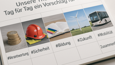 Wochenplaner mit sieben Themenfeldern: Symbole für Haushalt, Sicherheit, Kita, Bildung, Energie, Mobilität und Zusammenhalt, darüber der Titel 'Unsere Themenwochen – Tag für Tag ein Vorschlag für Sundern'
